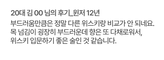 20대 김 00 님의 후기. 윈저 12년. 부드러움만큼은 정말 다른 위스키랑 비교가 안 되네요.목 넘김이 굉장히 부드러운데 향은 또 다채로워서, 위스키 입문하기 좋은 술인 것 같습니다.